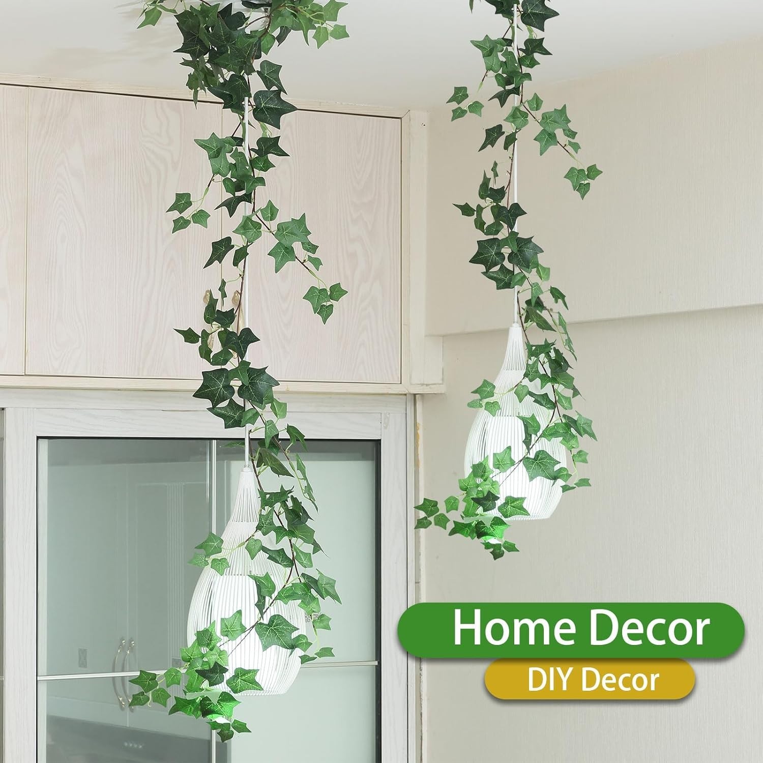 2 Strands Artificial Ivy Vines Garland, Fake Vines for Bedroom with Silk Green