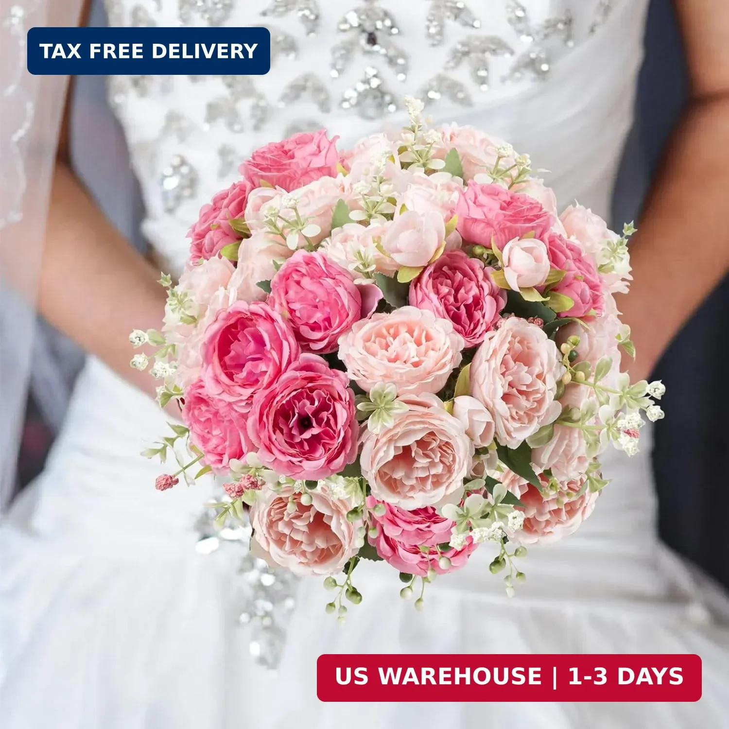 Artificial Peonies Silk Flowers, Pink Faux Peony Bouquet 4 Bundles Florals Arran