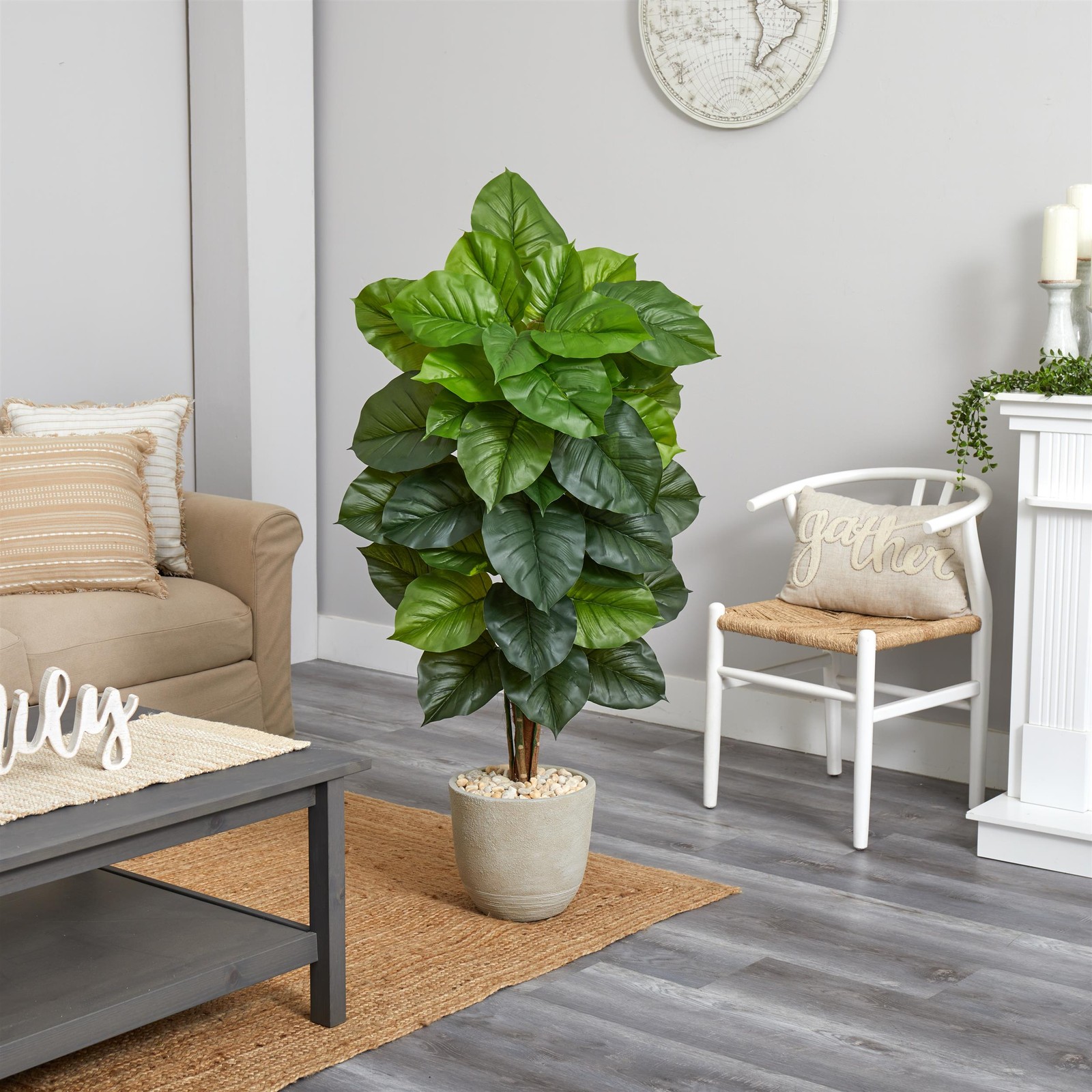Nearly Natural 58″ Large Leaf Philodendron Plant in Sand Stone Planter