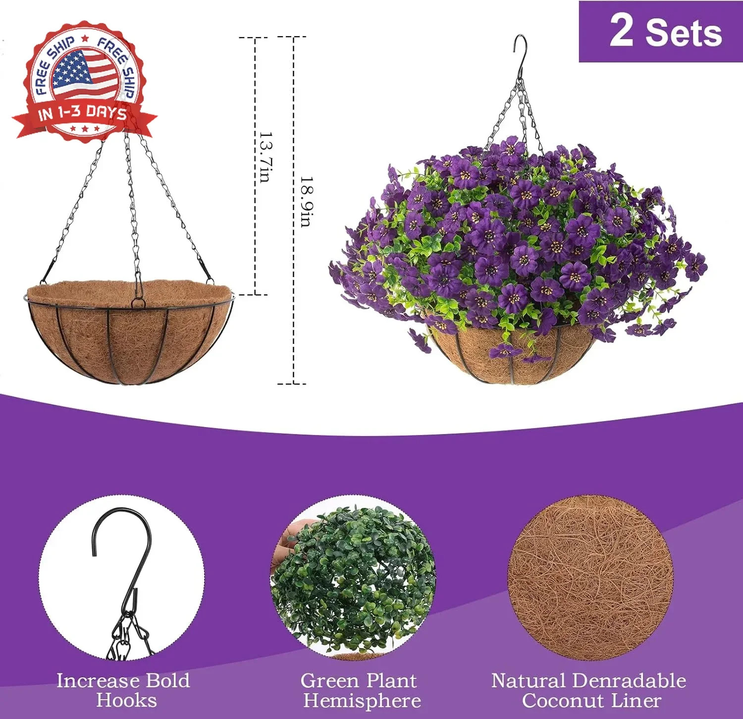 Hananona 2 Set Artificial Outdoor Flowers with Hanging Basket, 2 Hanging Planter