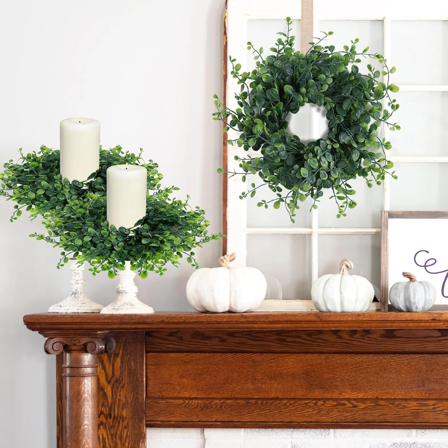 Mini Green Boxwood Candle Rings for Wedding and Home Decor (Set of 6)