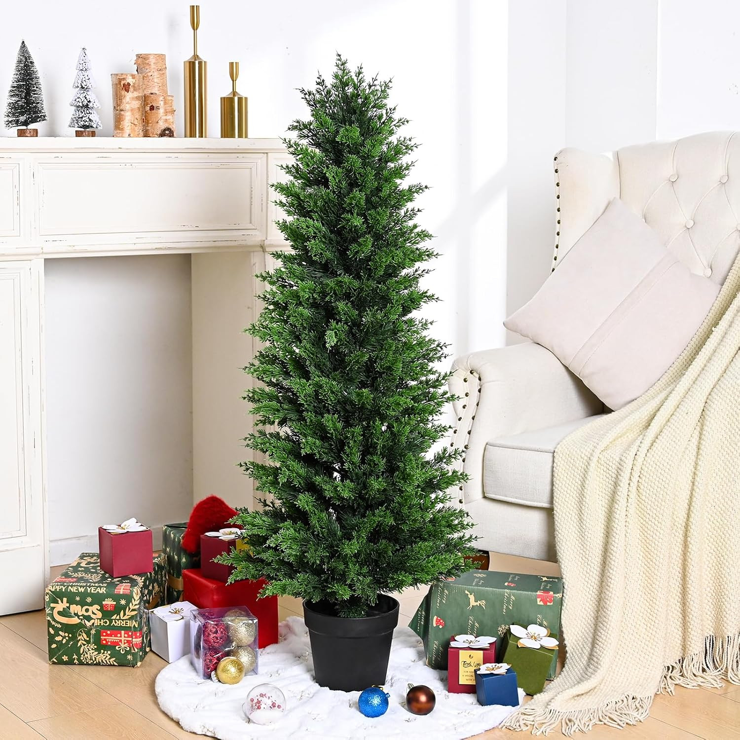 Artificial Cedar Topiary Trees Christmas Topiary Outdoor, 4Ft Fake Shrubs Potted