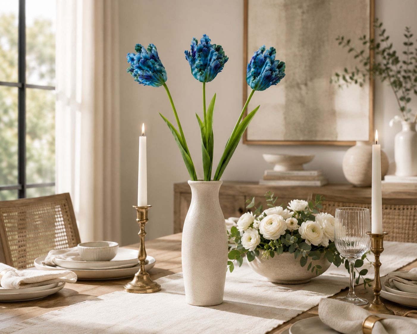 Blue Faux Tulips Set of 3 Artificial Parrot Tulips 27 Inch Tall