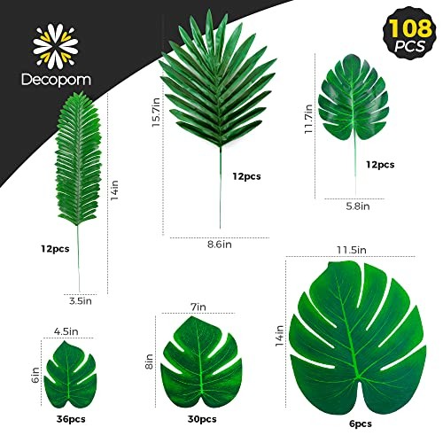 108PCS Artificial Palm Leaves Tropical Monstera Fake Green Luau Party Decor