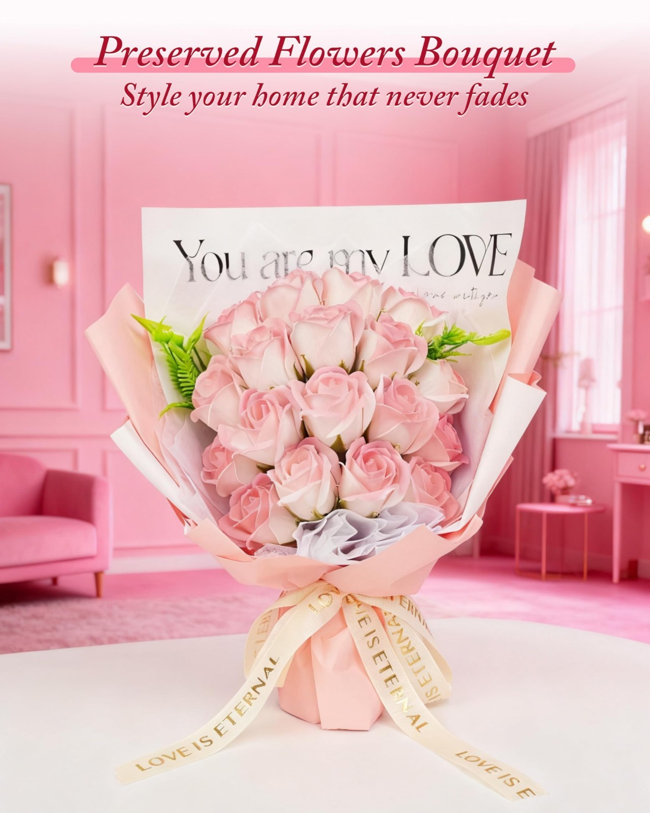 Artificial Roses Bouquet – 18 Preserved Flowers with Necklace – Unique Gift for