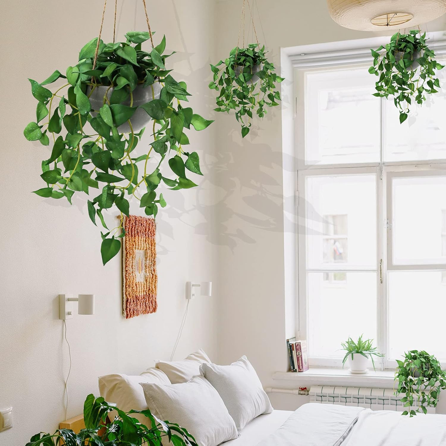 Hanging Plant Fake Plants with Pots, 2 Pack Artificial Plants, Faux Anthurium Le