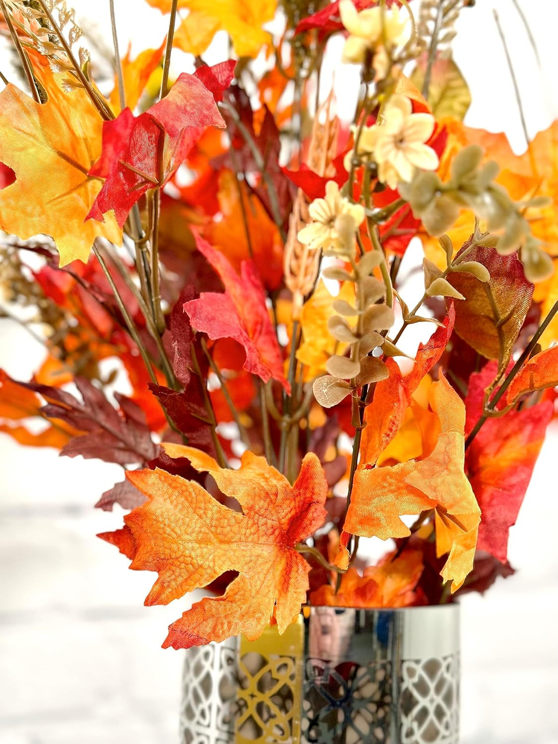 Artificial Autumn Flowers Maple Leaves Berries Fall Festive Harvest Foliage Ceme