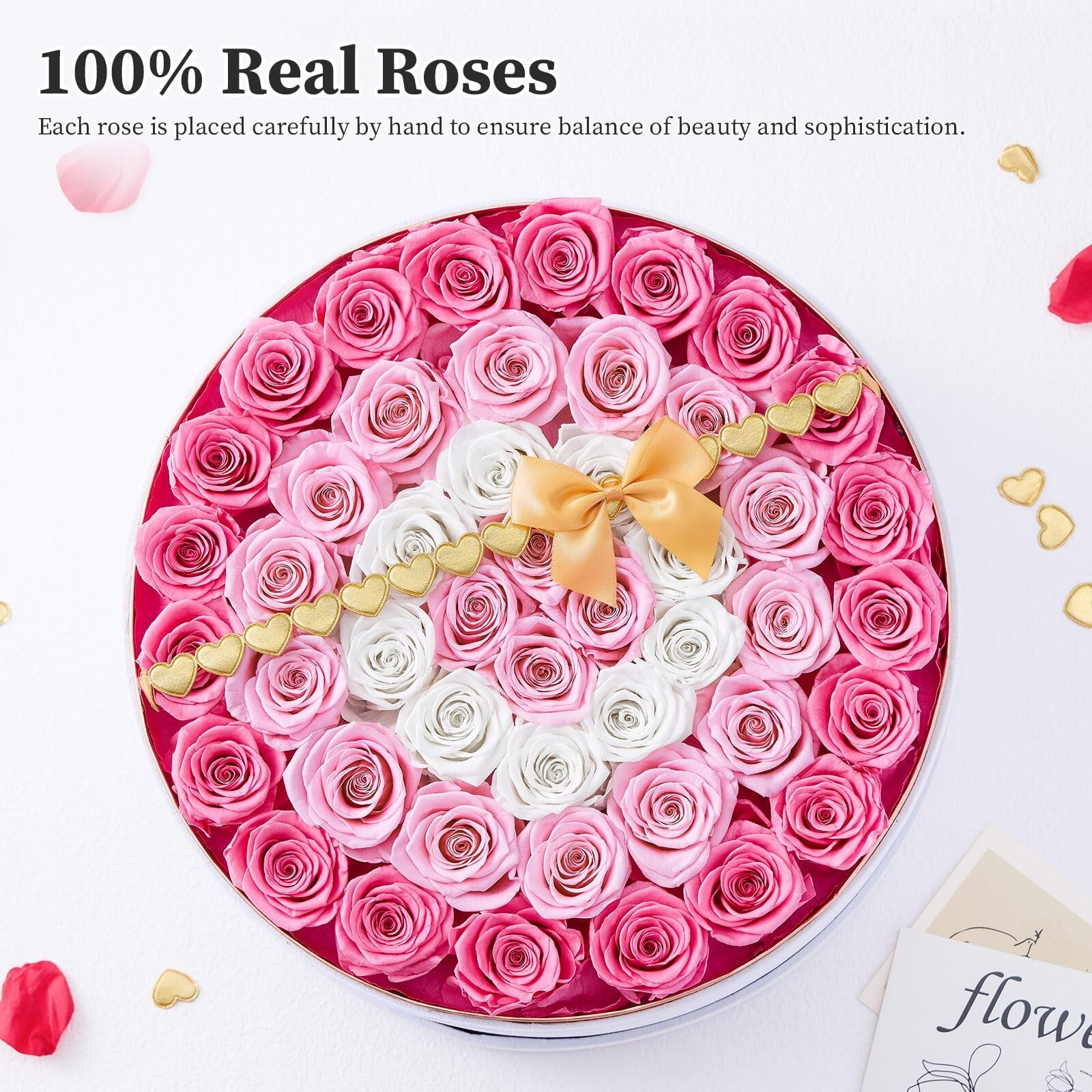 Forever Real Roses Gift Box 47 Preserved Roses in White Round Velvet Box Flow…