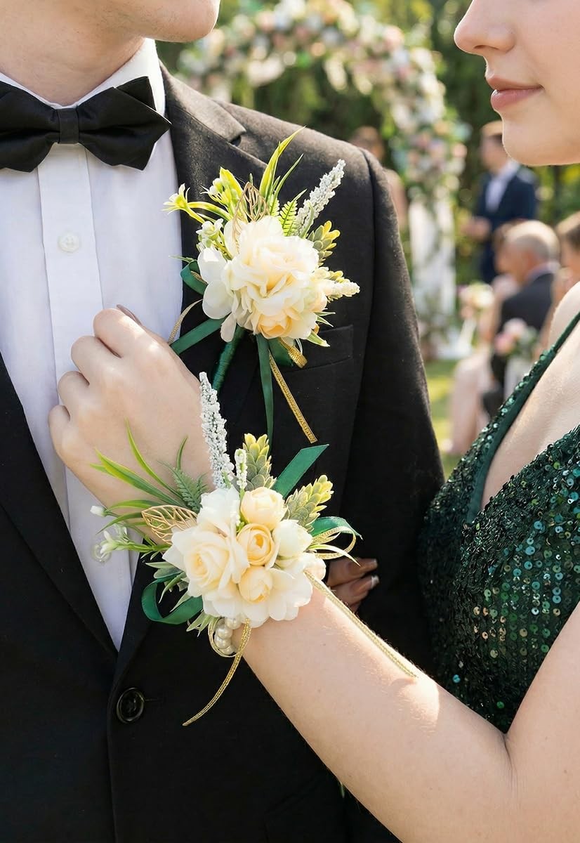 2 Pcs Wrist Corsage and Boutonniere Set, Champagne Corsage for Wedding, Bouto…