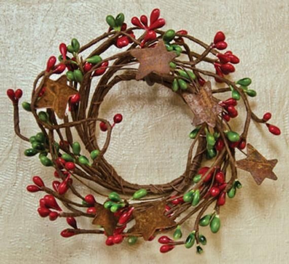 NEW Primitive Berry Wreath Candle Rings 2 PCS Rusty Stars 2″ OPENING RED GREEN