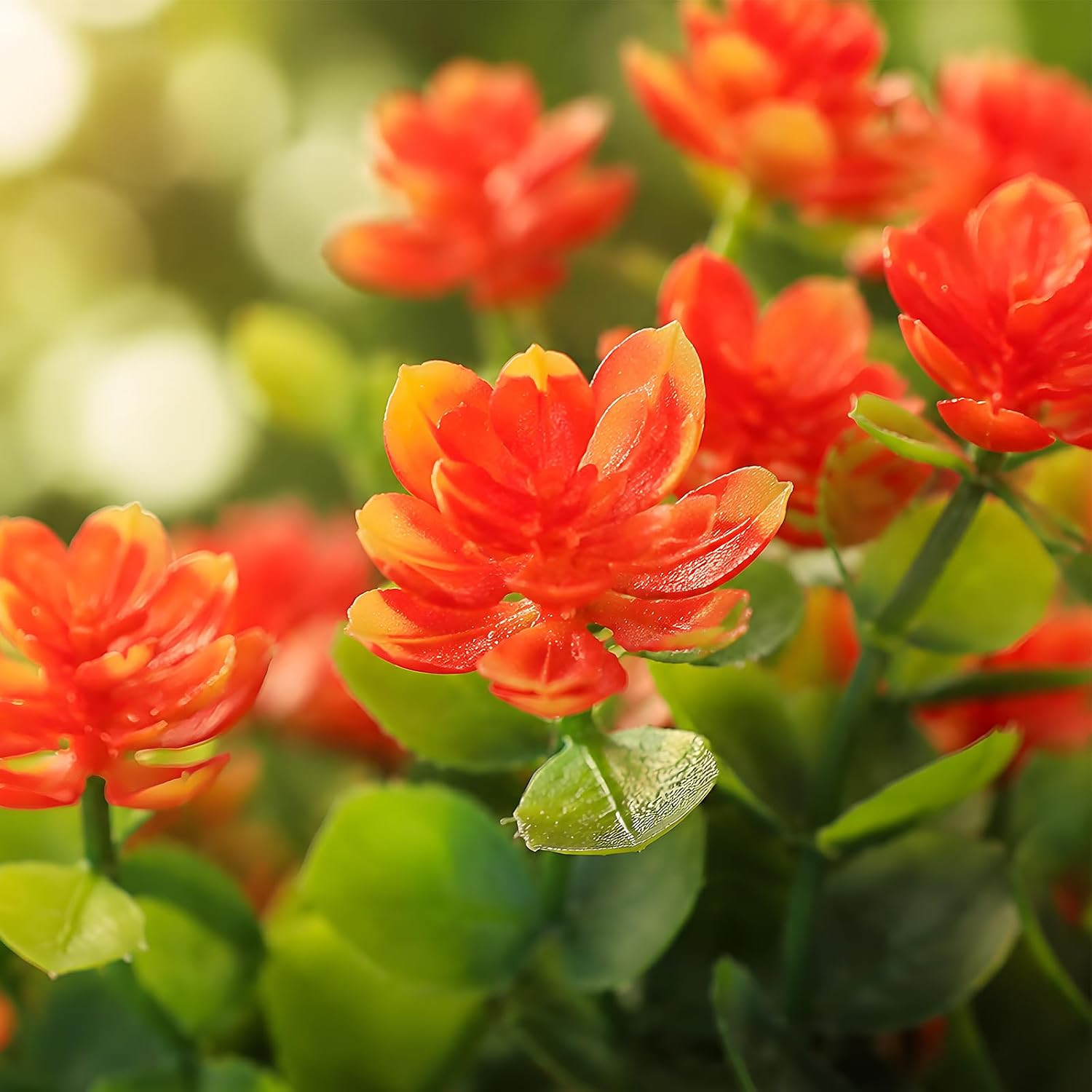 24 Pcs Artificial Mums for Outdoors, Fall Flowers (Orange Red) | No Fade Fake Pl