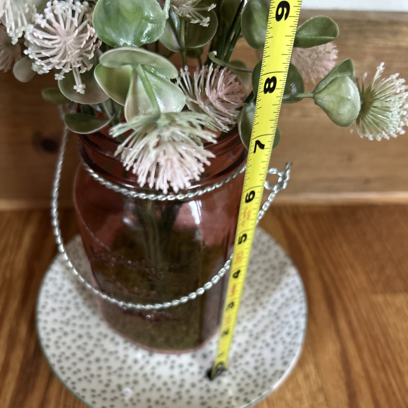 Big Mouth Mason Jar Pink Tone w/Artificial Flowers Silver Handle Moss In Jar