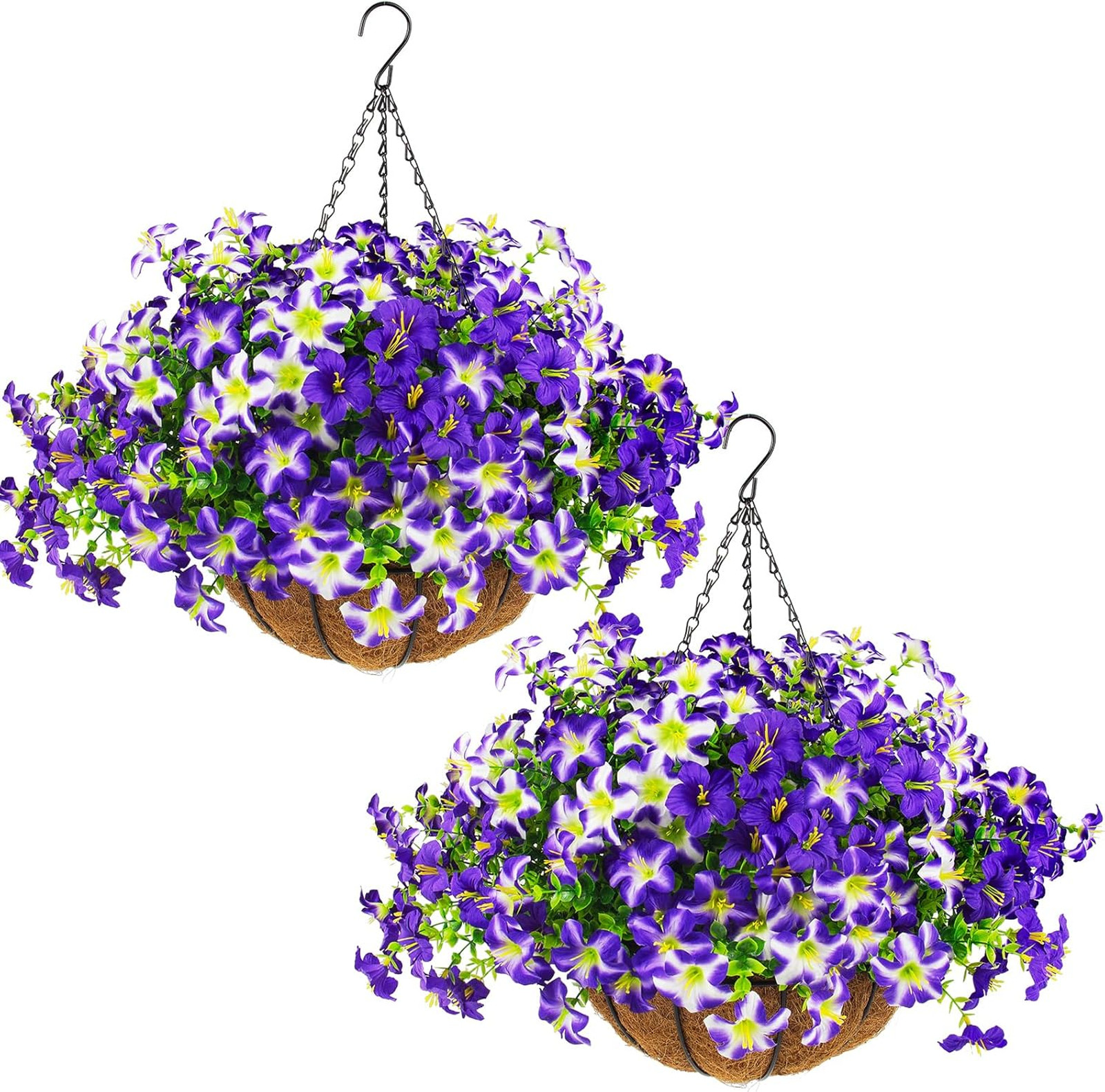 Artificial Petunias Flowers Set with Hanging Baskets UV Resistant Faux Purple