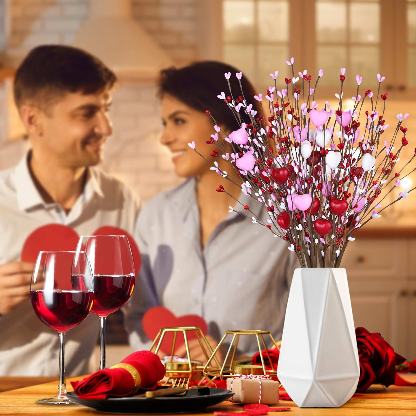 Valentines Day Decorations Artificial Heart Flowers Berry Stems Gifts Filler