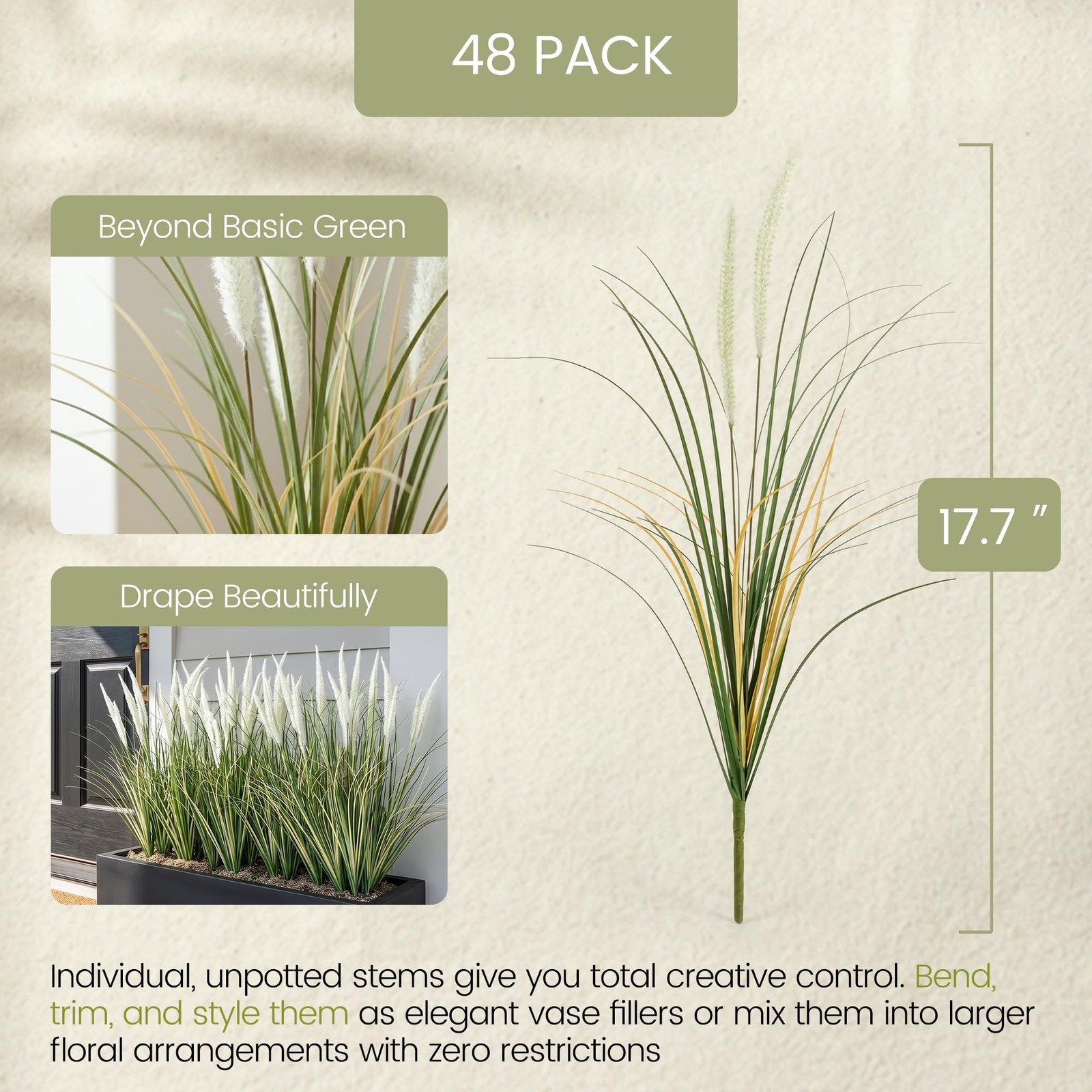 KOL 48 Pcs Artificial Cattail Grass Stems 17.7in