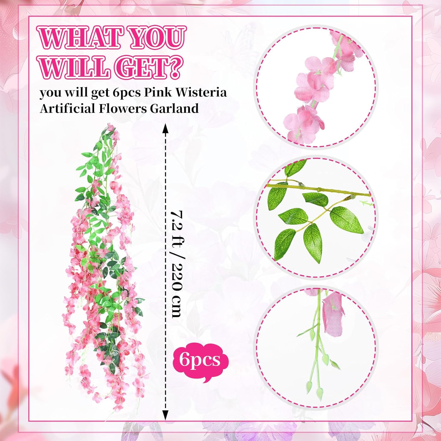 6 Pcs Wisteria Hanging Flowers Vines Fake Hanging Flowers Garland Artificial Wis