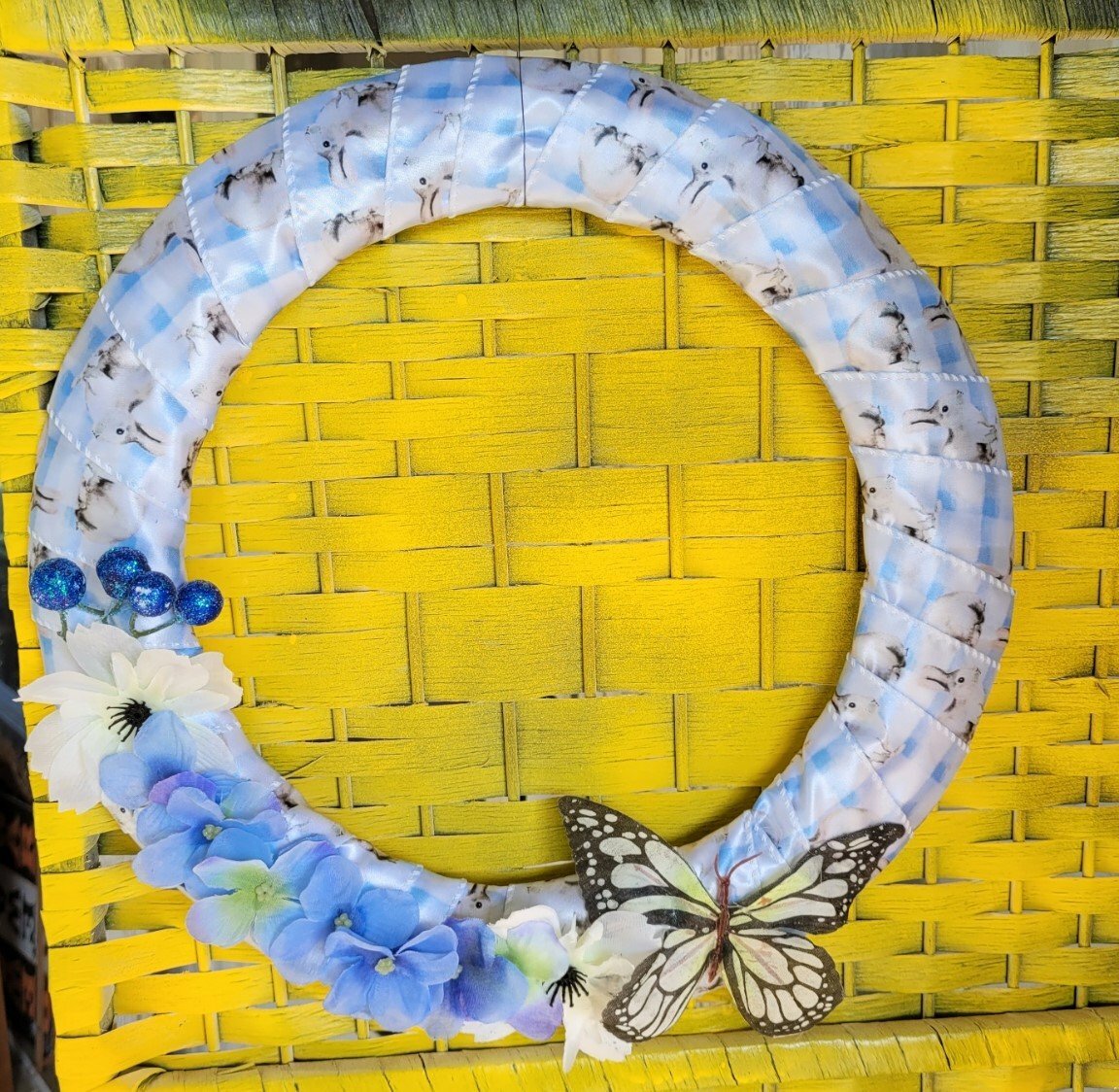 Bright Blue Bunny Spring Wreath with butterfly and pansies, middle size wreath,