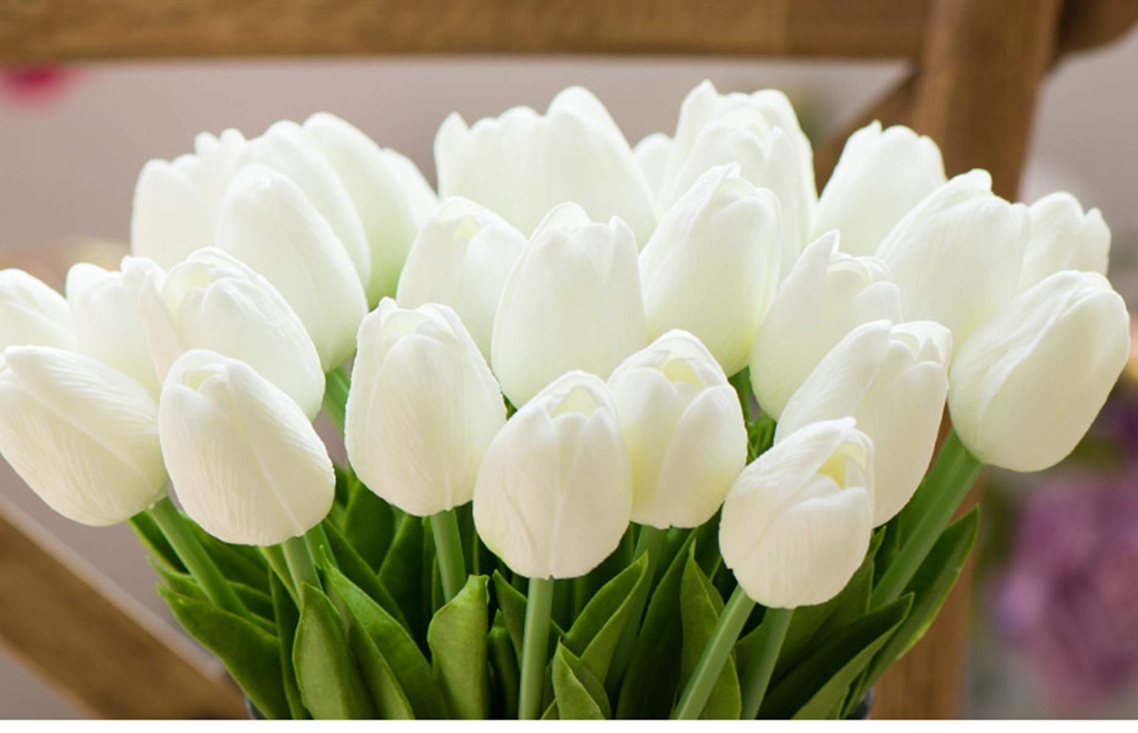 20Pcs Artificial Tulips White Real Touch PU Latex Faux Spring Singh Stem Bouquet