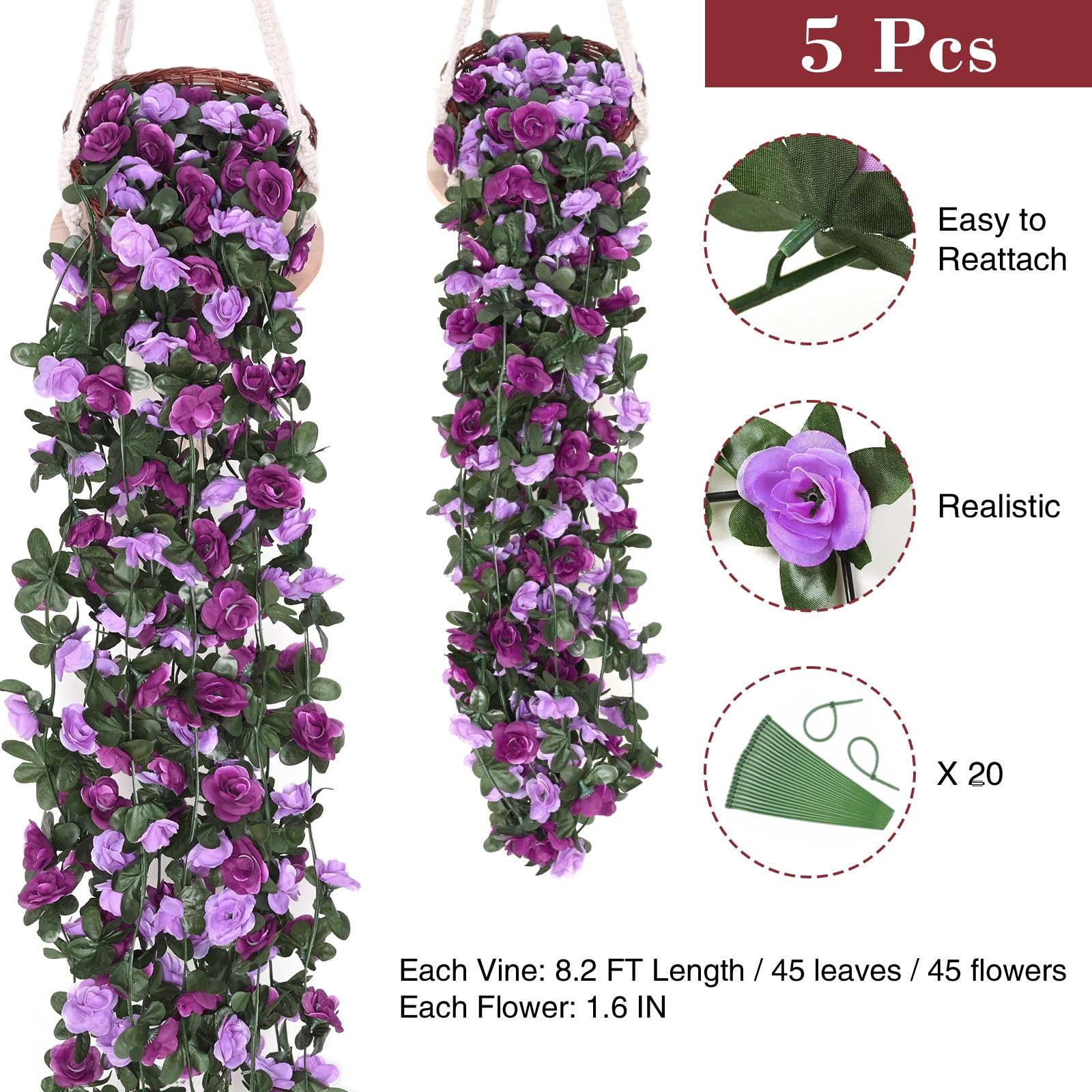 5Pcs 41Ft Flower Garland Artificial Rose Vines for Bedroom, Cute Fake Hanging…