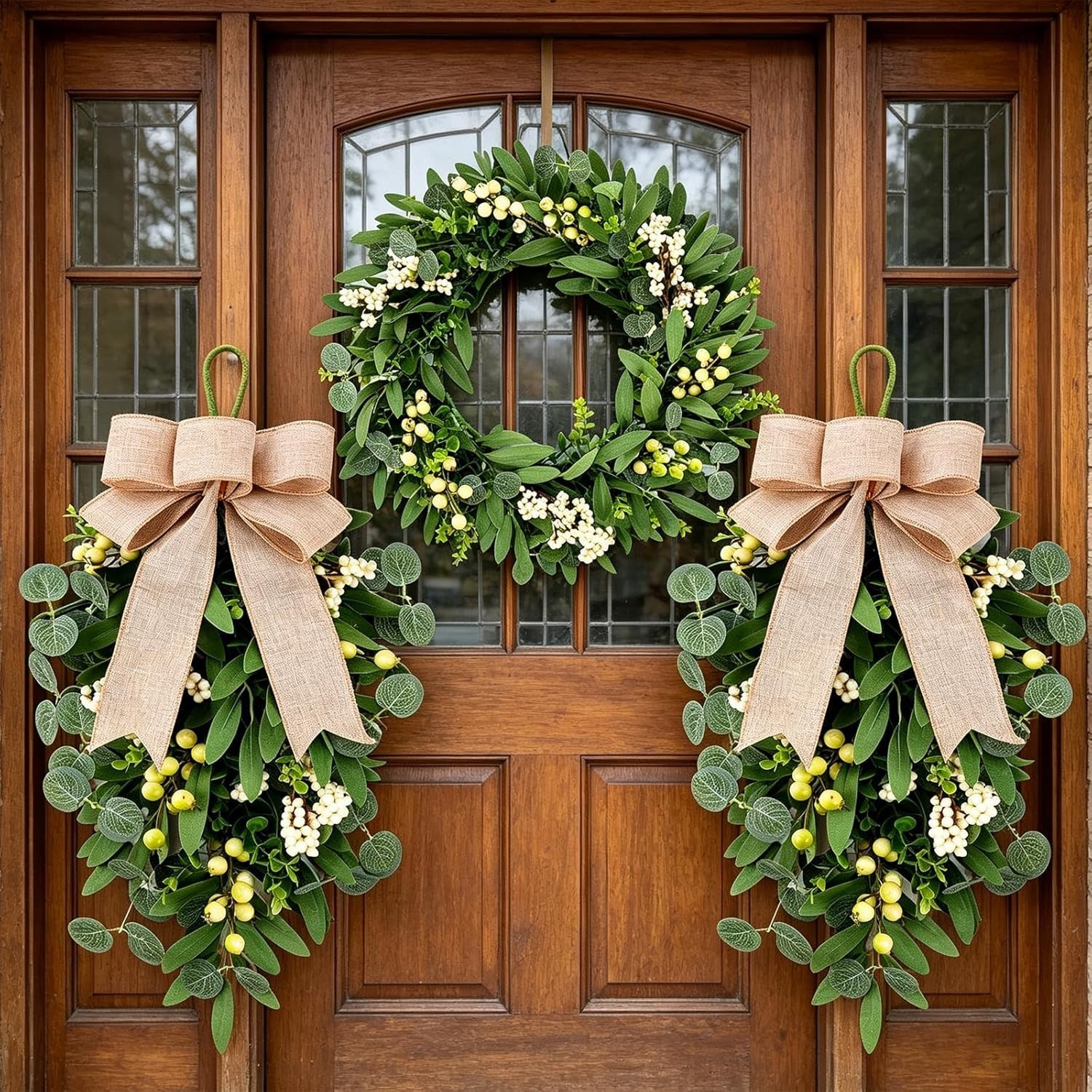3 PCS Artificial Green Eucalyptus Wreaths for Front Door Spring Summer Greene…