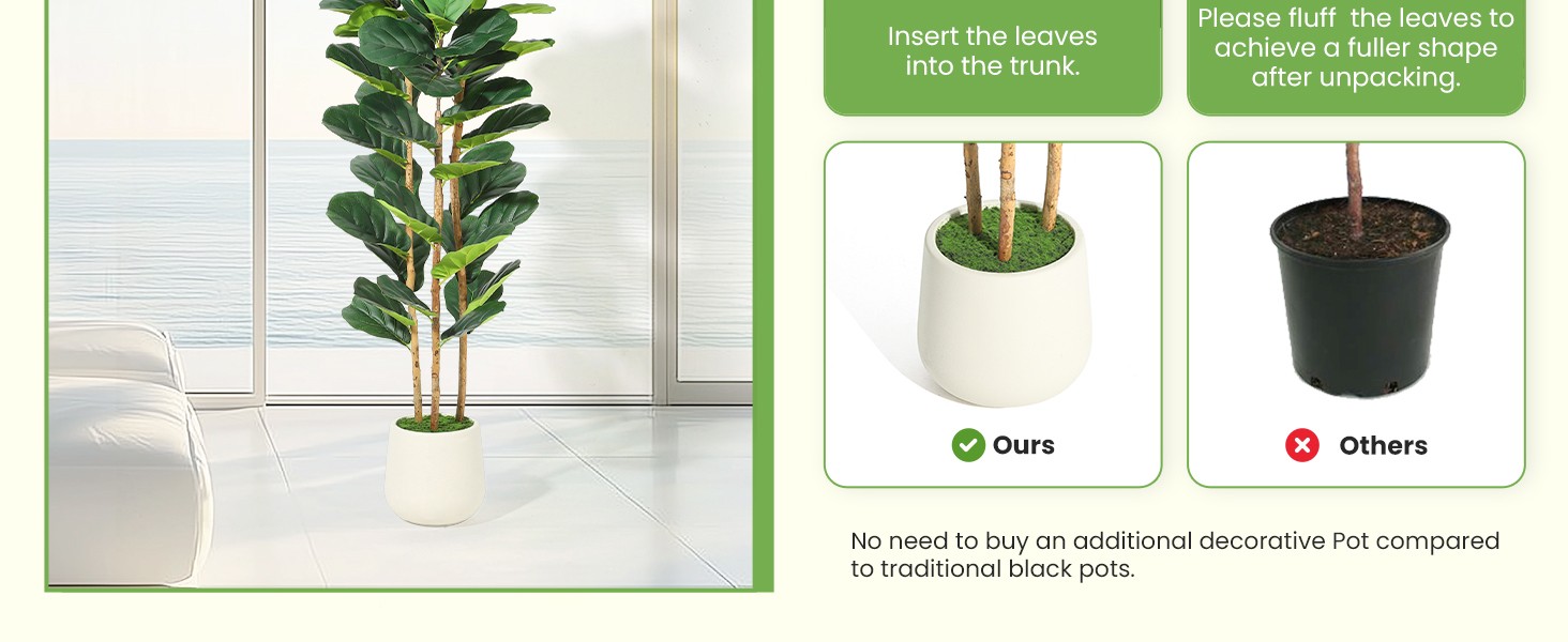 7ft Faux Fiddle Leaf Fig Tree with White Planter, Floor Fake Plants, Realistic