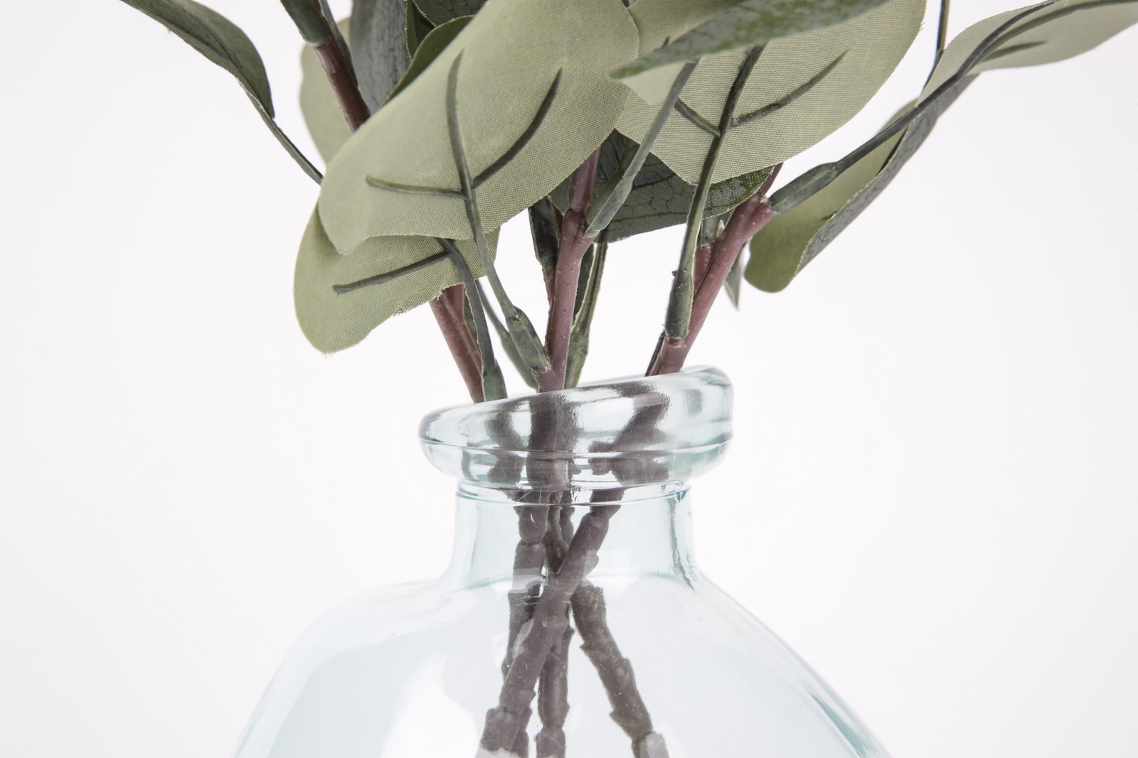 Artificial Green Eucalyptus Leaf Stems in Large Clear Blown Glass Vase