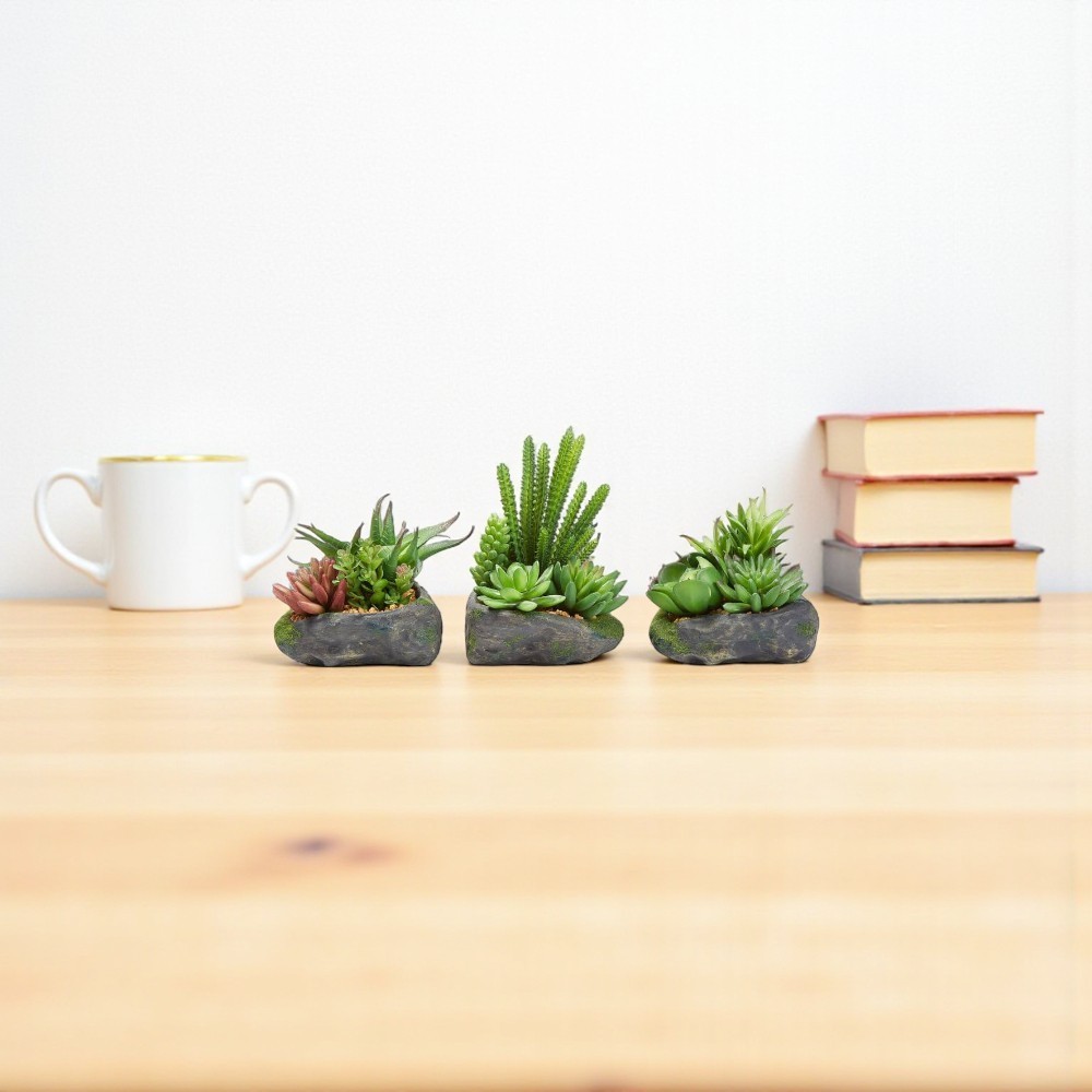 Artificial Succulent Plant Arrangements Assorted Sizes Faux Stone Pot (Set of 3)