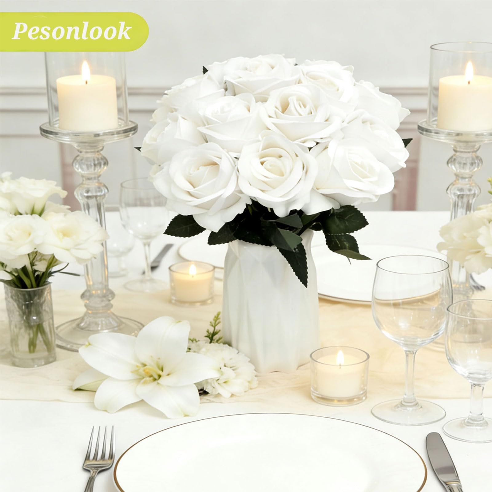 50 Pcs Artificial Roses Bulk, White Velvet Silk Rose Realistic Faux Artificia…