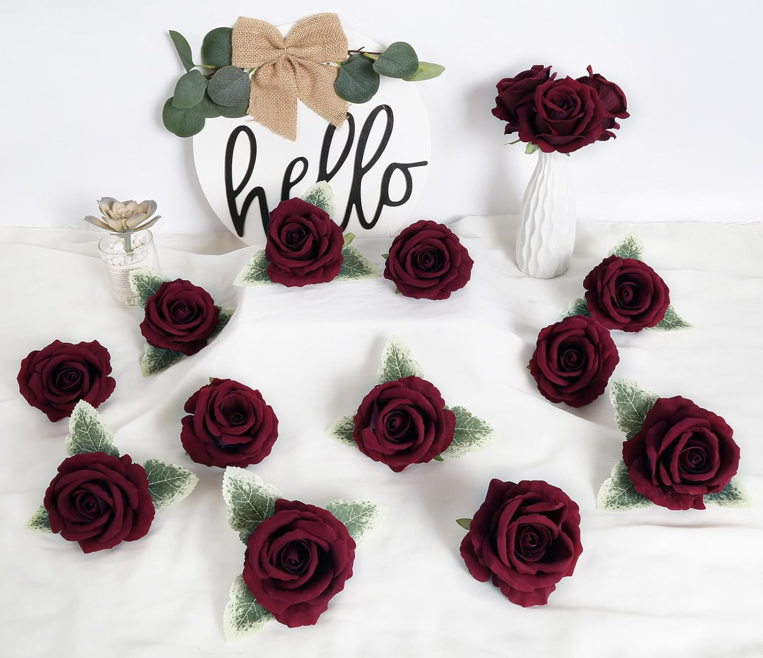 16pcs Burgundy Rose Artificial Flowers 3.93″ Large Fake Velvet Rose Bulk Real To