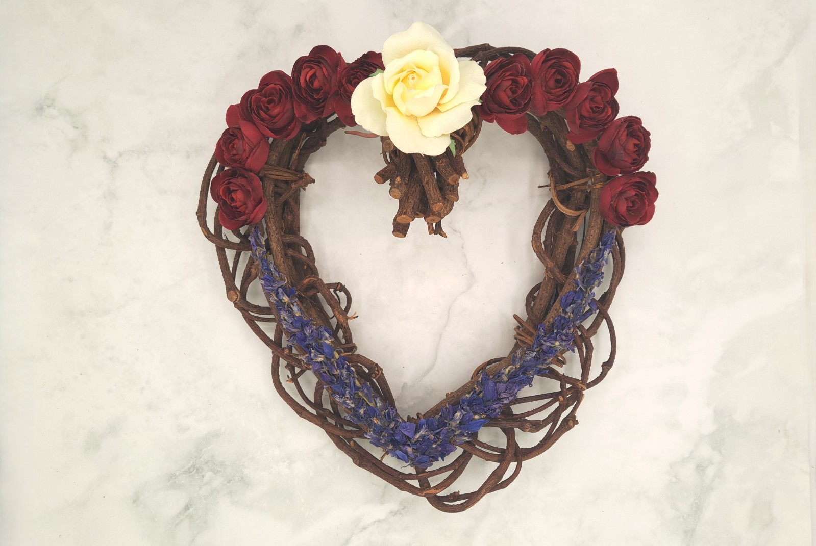 Handmade Red, White & Blue Willow Heart Flower Arrangmt. w/ Dried & Silk Flowers