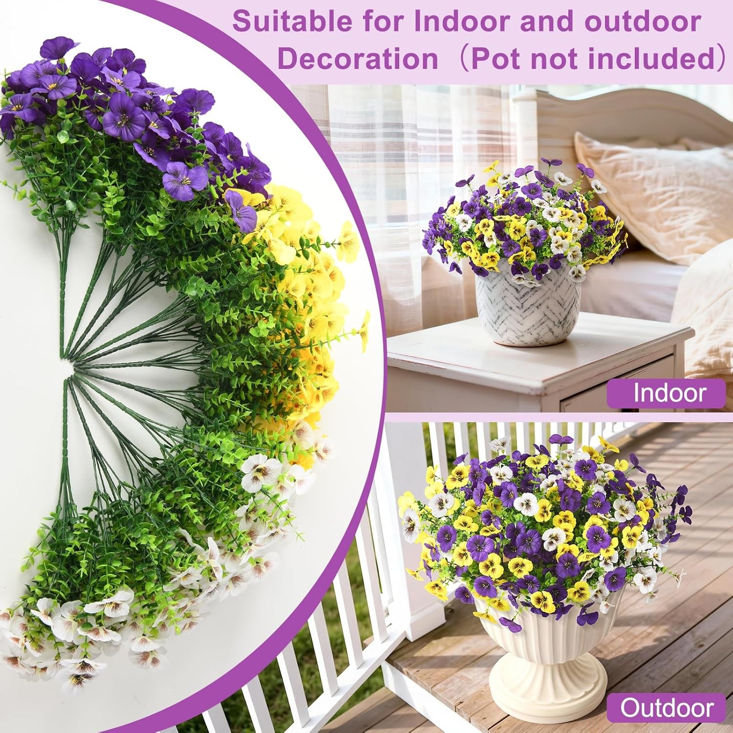 Artificial Fake Pansy Flowers for Outdoors, 12 Pcs Faux Silk Pansies Flower