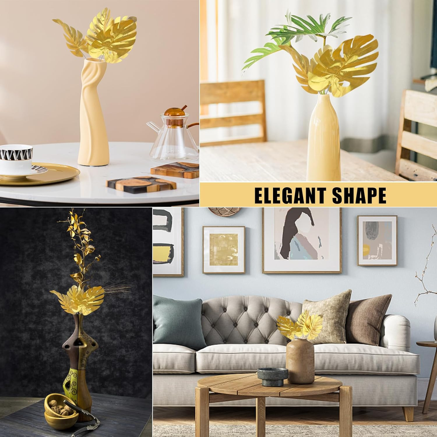 24PCS Golden Artificial Palm Leaves, 3 Sizes Faux Monstera Leaves Simulation Saf