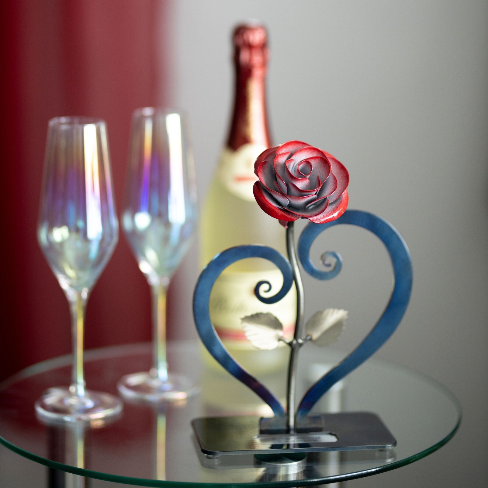 Red Metal Rose with Heart-Shaped Stand – Iron Anniversary Gift
