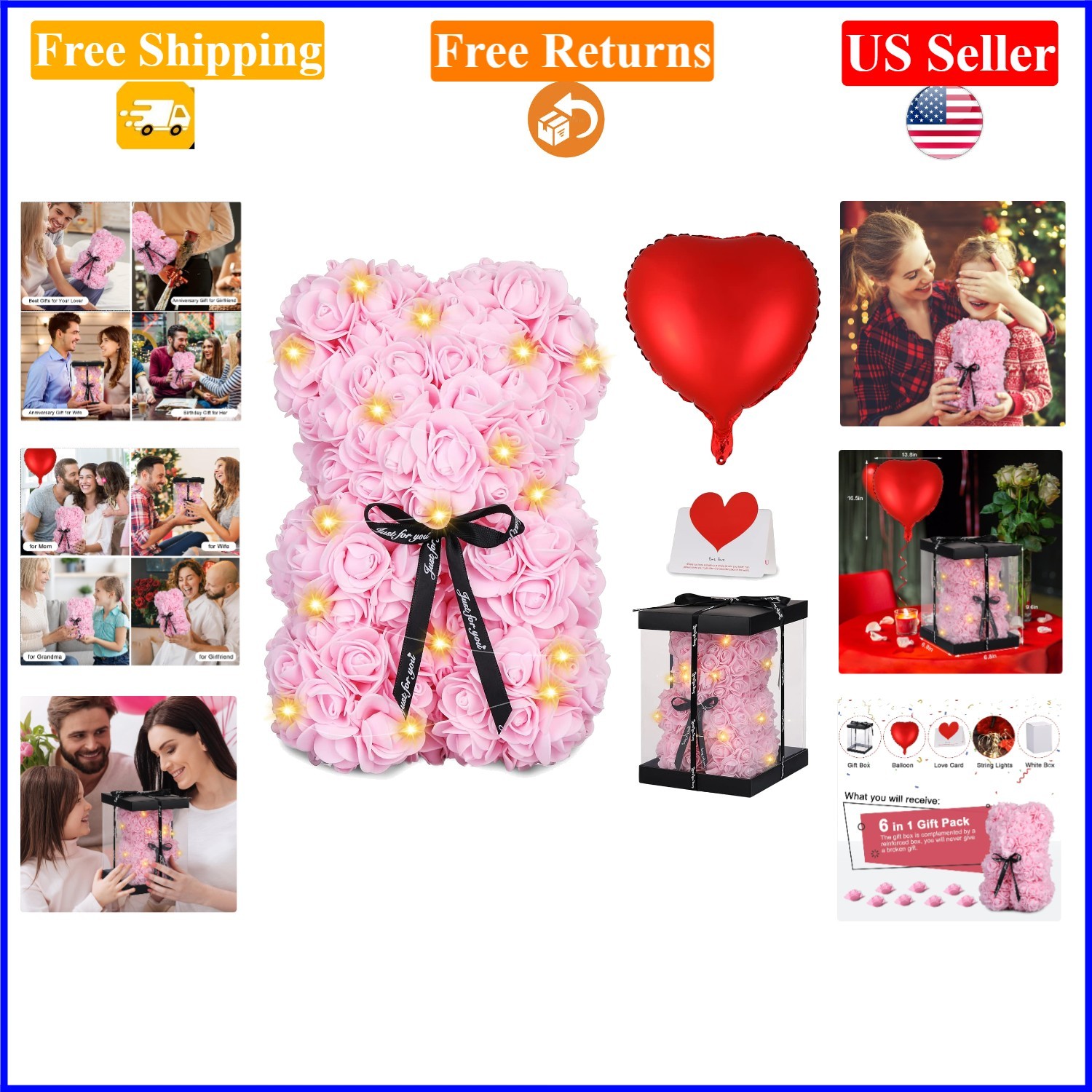 Pink Rose Bear Gift Set with Lights, Box, Card – Romantic Valentine’s Day