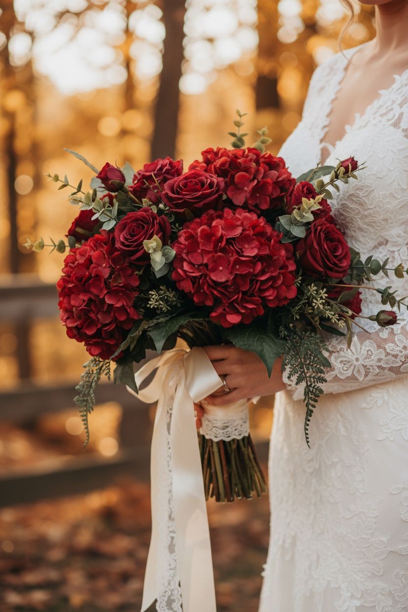Red Artificial Hydrangea Stem Silk Flower Deep Red Faux Floral Wedding Decor