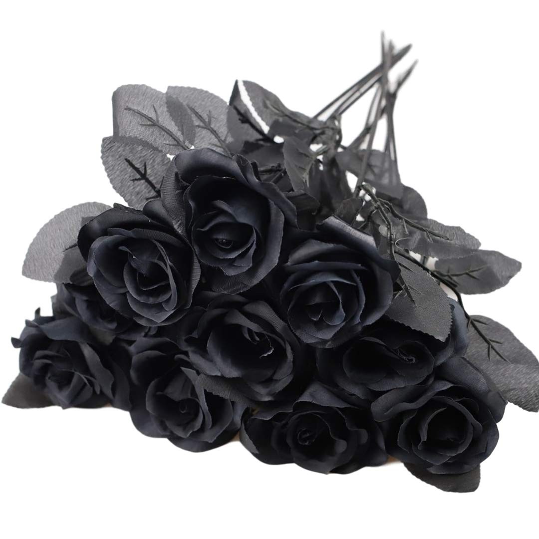10pcs Black Faux Silk Roses for Bridal Bouquets, Wedding, Halloween & Home Decor