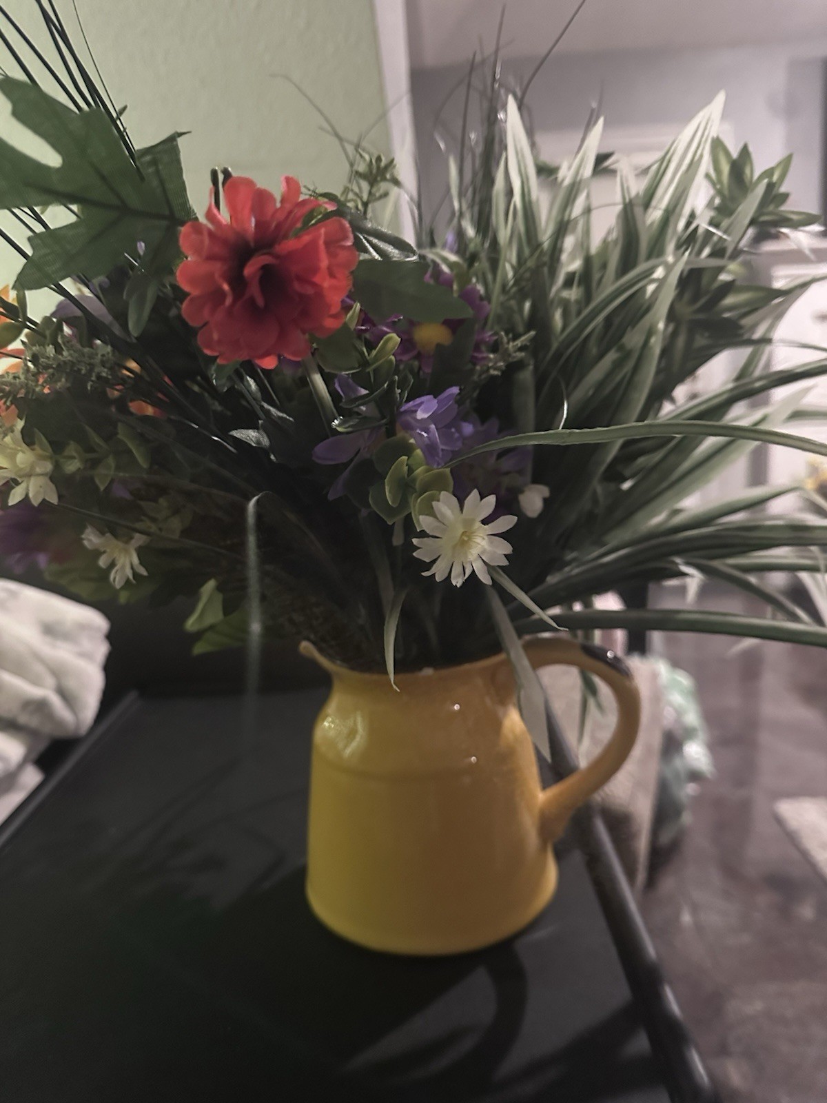 Artificial Multicolor Daisy Arrangement in Yellow Pitcher Vase