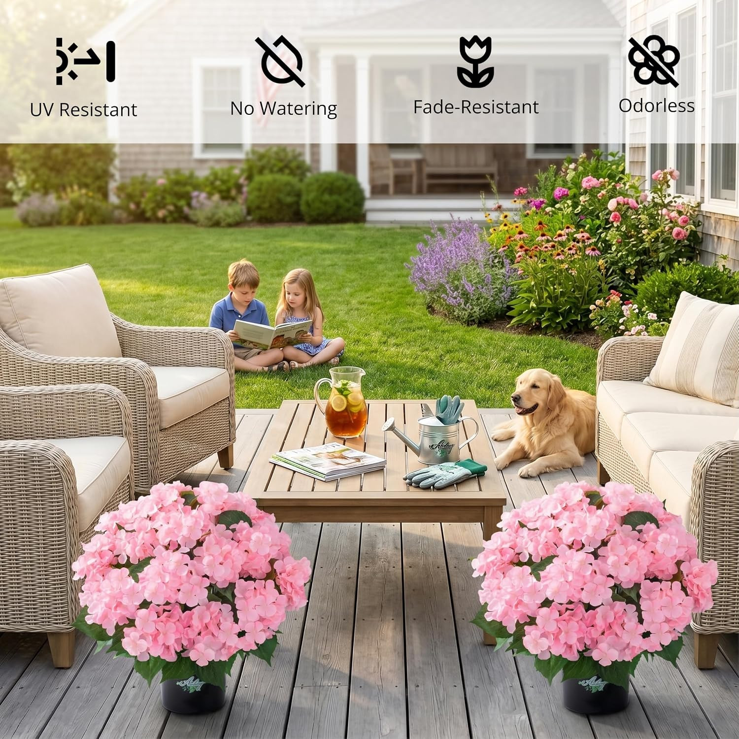 2 Potted Pink Hydrangea Artificial Flowers, Faux Hydrangea Outdoor | 22″ High &