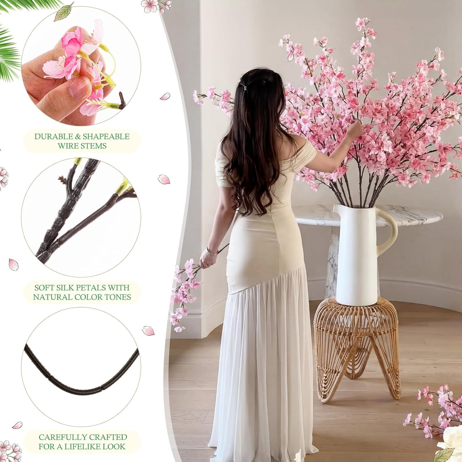 18 Pcs Pink Artificial Cherry Blossom Branches for Home Wedding Decor