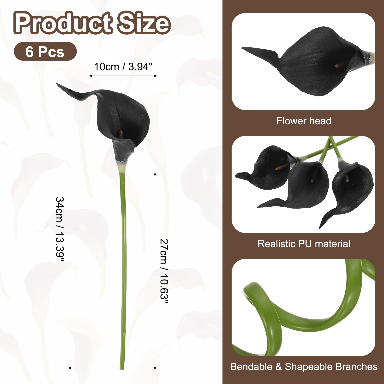 6Pcs 13 Inch Artificial Calla Lily Fake Flowers Real Touch Black/Yellow,