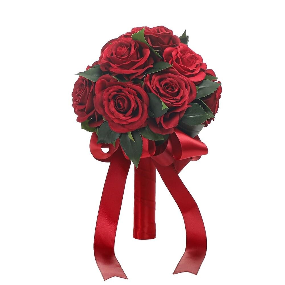 Wedding Bouquets Ribbon Artificial Dark Red Rose Bride Holding Flower