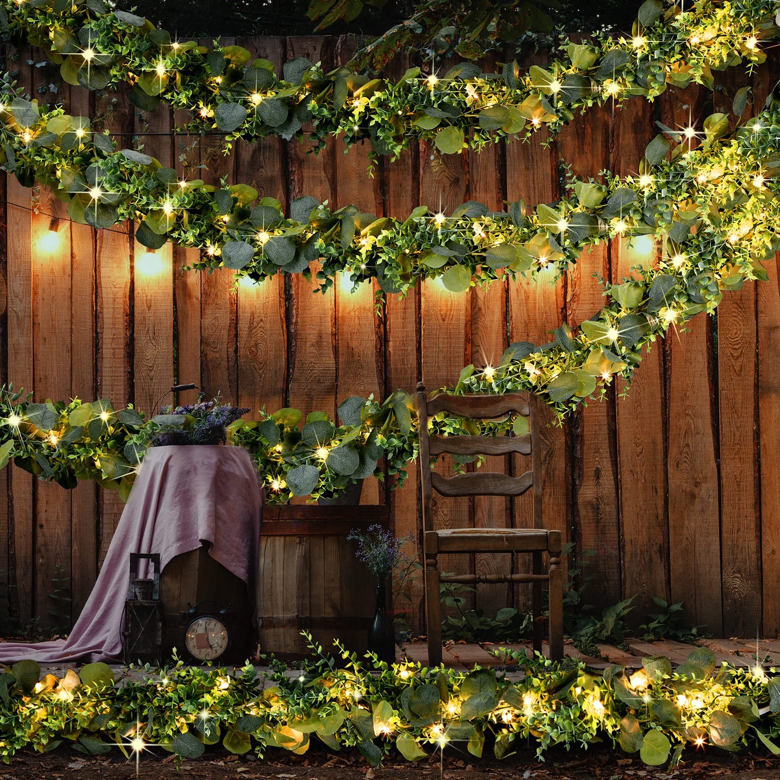 2 Pack 6 ft Artificial Eucalyptus Garland with Lights Spring Summer Green Fau…