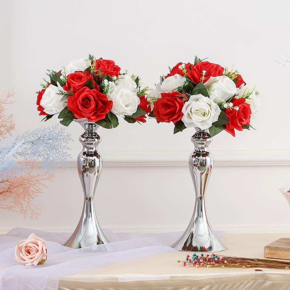 10pcs Red White Silk Artificial Flower Bouquets Home Wedding Decor 25cm