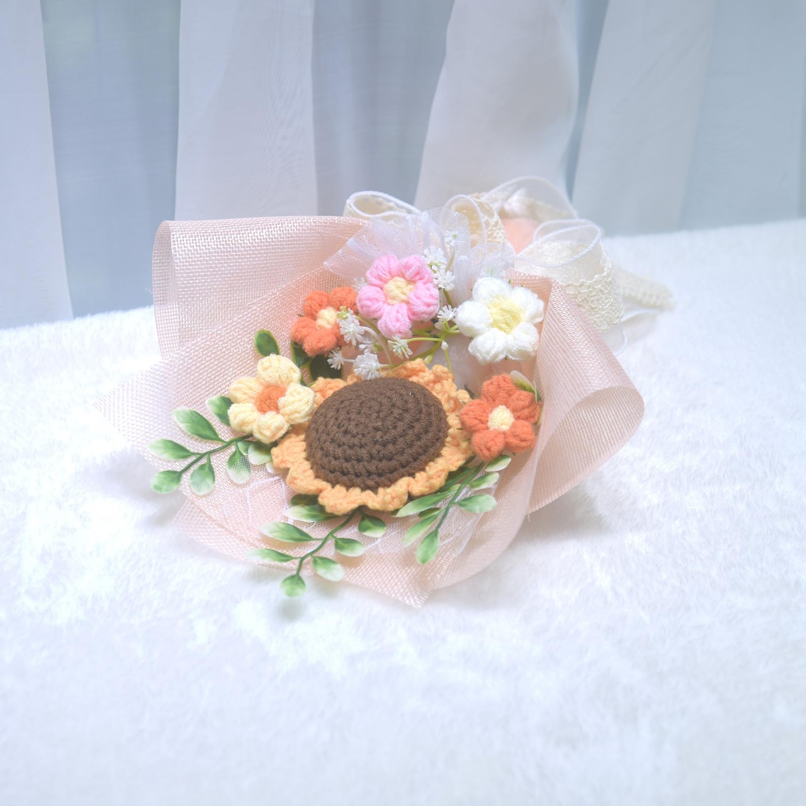 Pink Crochet Flower Bouquet Knitted Sunflower Daisy Graduation Gifts 1 PCS