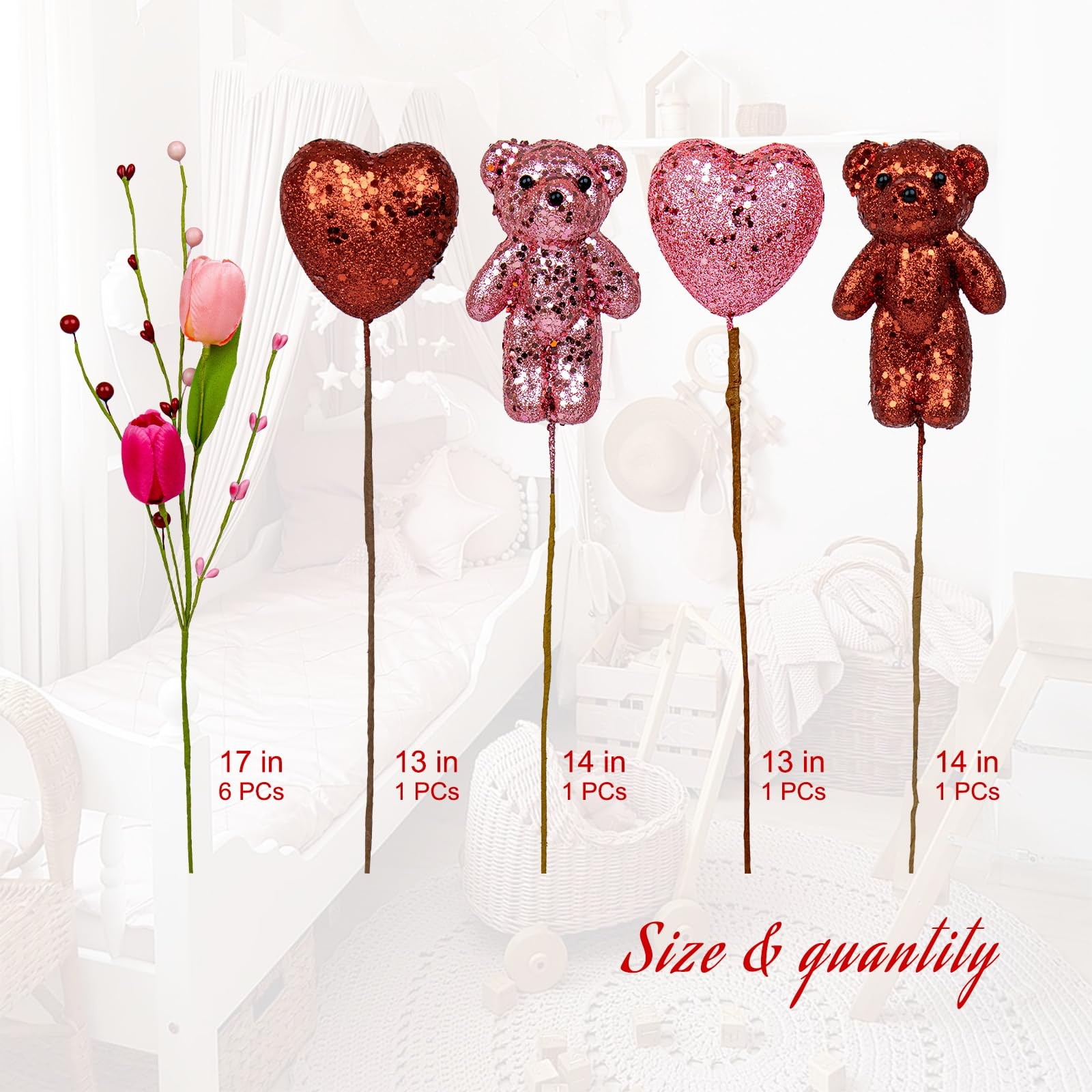 Valentine’s Day Decorations Flowers 10Pack Artificial Floral Picks with Pink Red