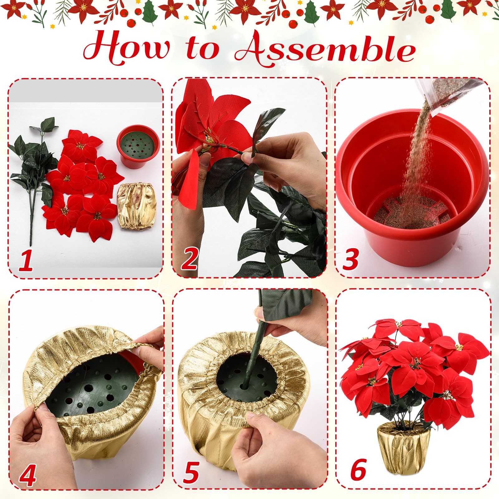 2 Sets 18.5″ Christmas Poinsettia Artificial Flowers Potted with Gold Pot Bag…