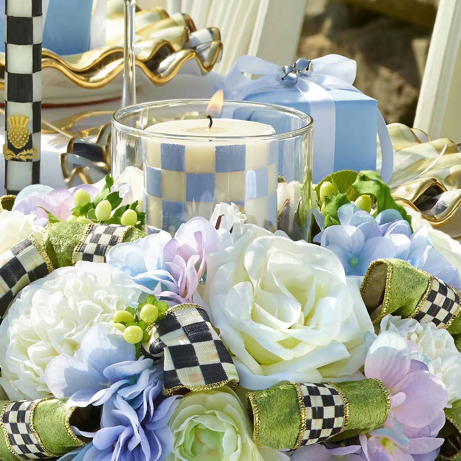 MacKenzie-Childs Nantucket Candle Centerpiece w/2 MC Hand-painted Pillar Candles