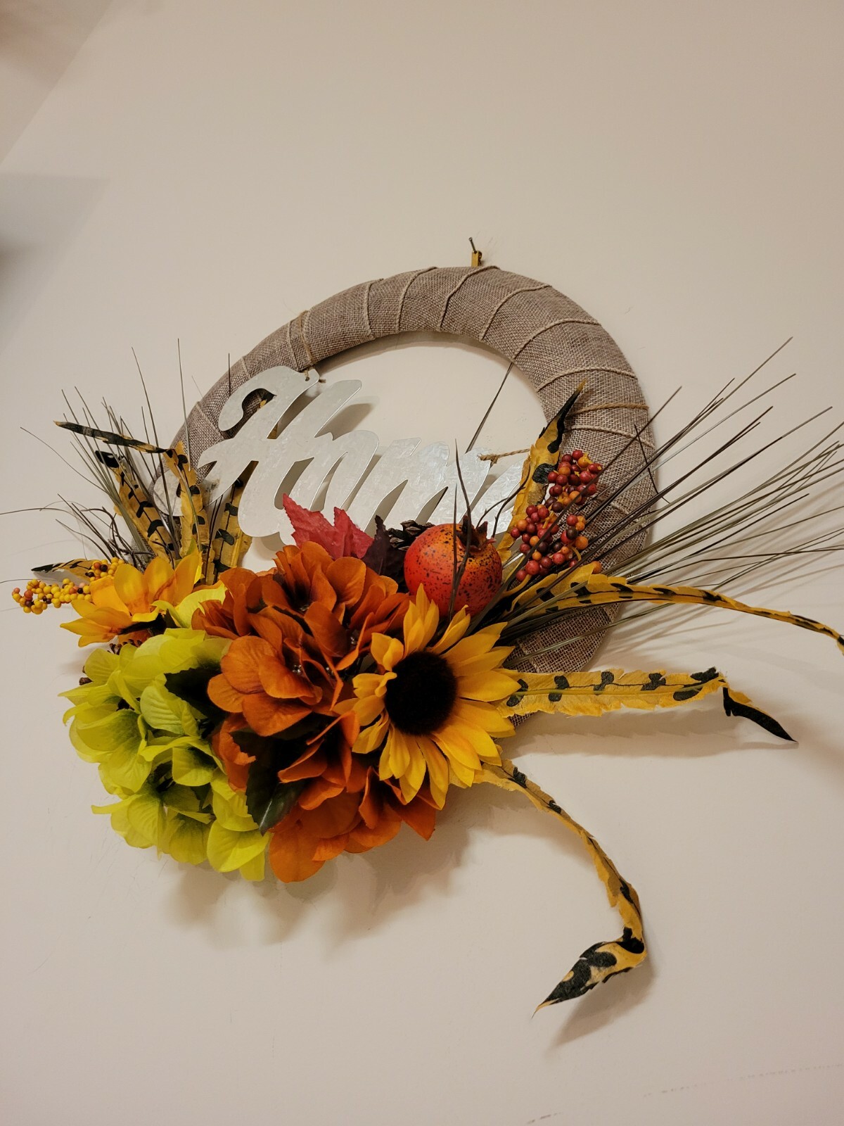 HOME Sunflower Hydrangeas Feather Mini Pomegranate burlap WREATH FALL Front Door
