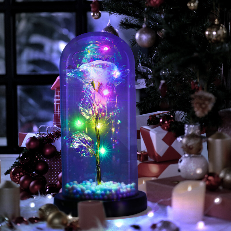 Crystal Galaxy Rose Flower Glass Dome 20 LED Lights Gift for Girlfriend Mom Wife