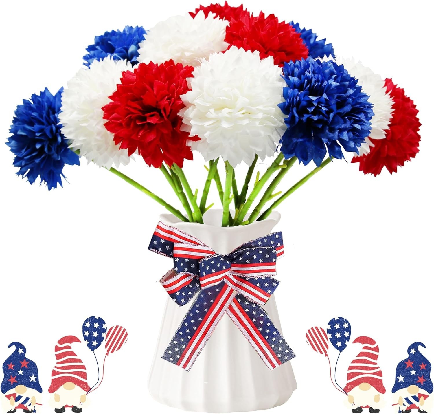 Patriotic 12-Pc Faux Chrysanthemum Bouquet in Red, White, and Blue for Events